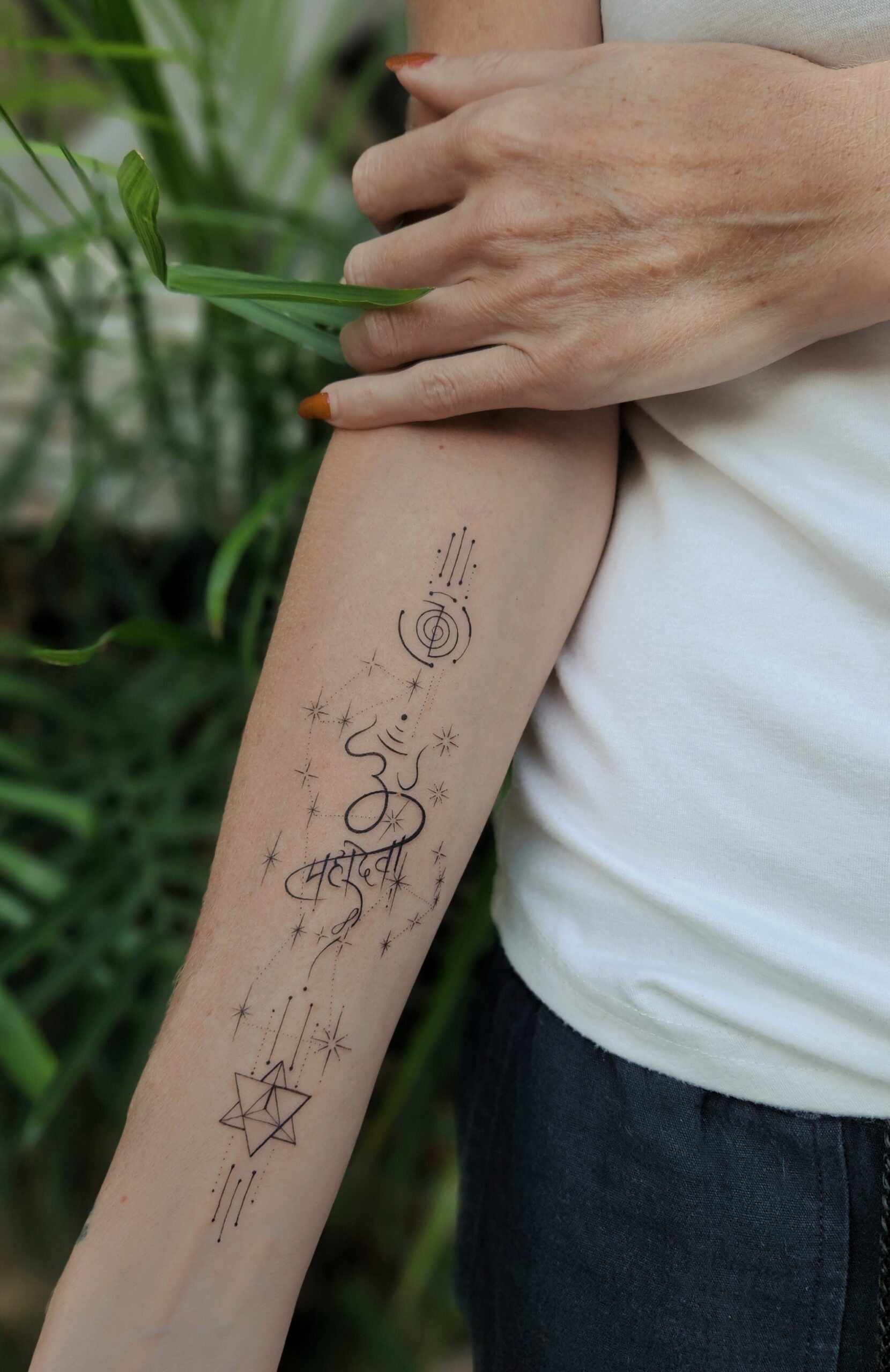 Sacred Sanskrit & Geometry Forearm Tattoo
